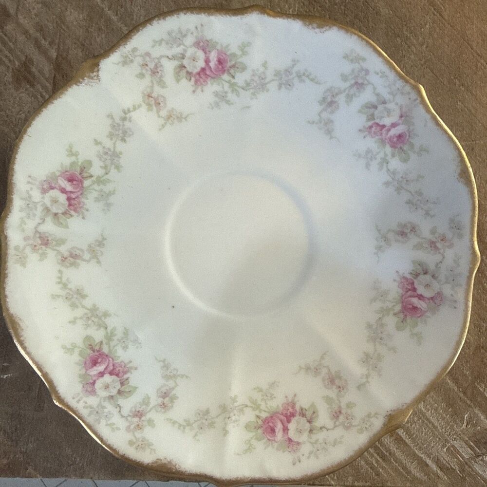 Elite Works Limoges Pink Roses Garland Saucer Gold Rim France 5.75"